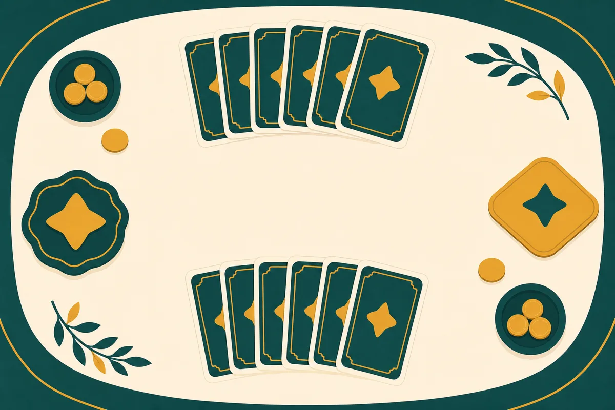Two players' hands of cards across a small table