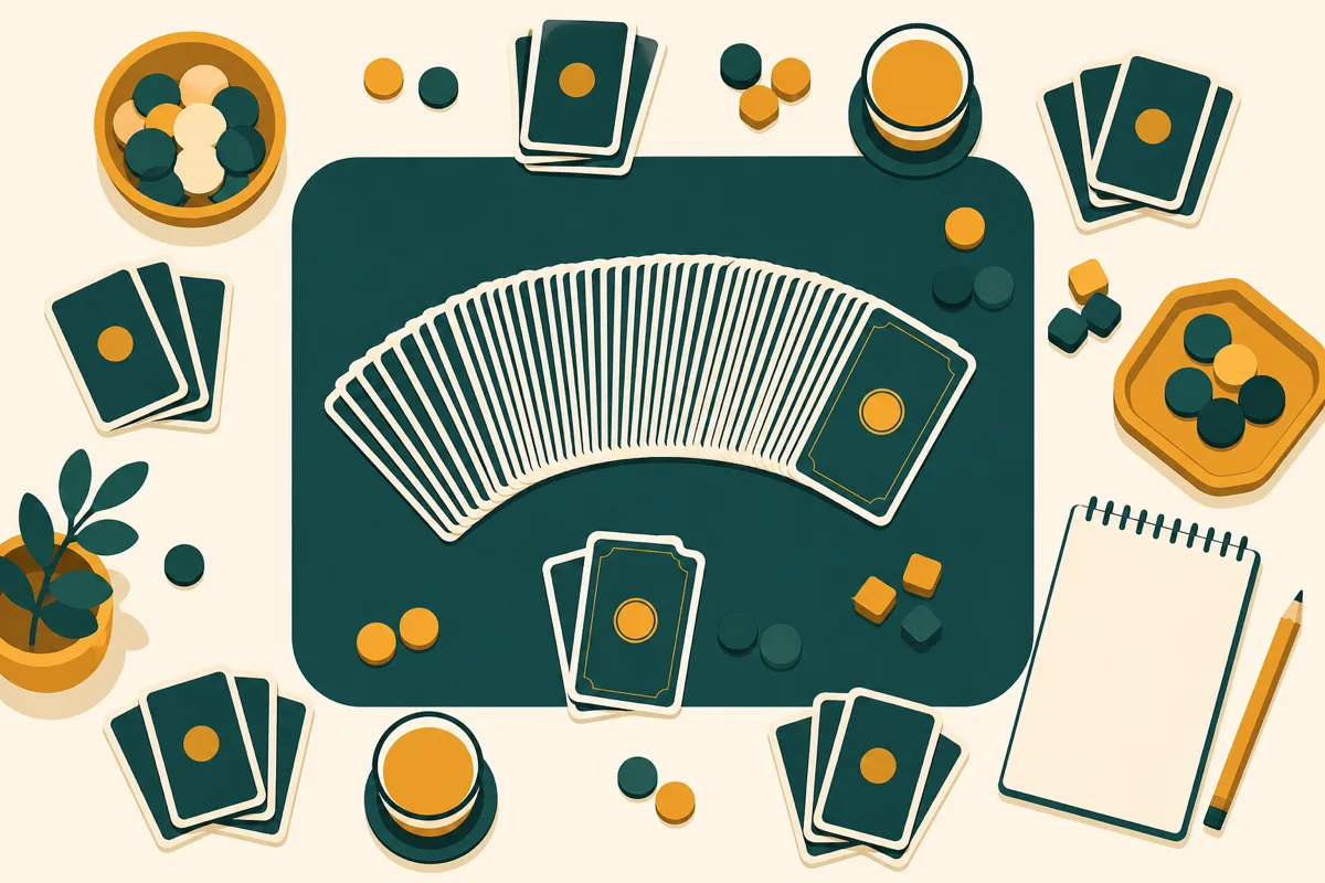 An overhead view of a card table set up for an adult game night