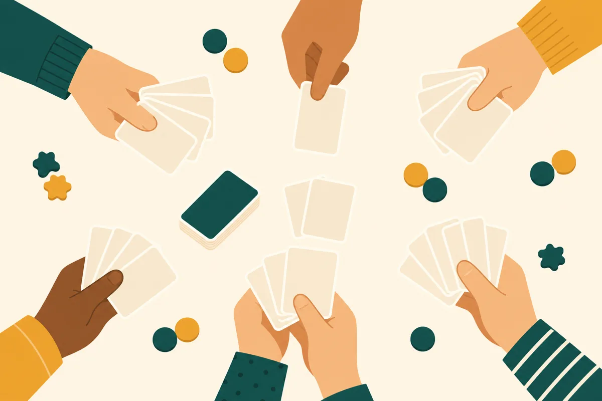 An overhead view of a family game night table with several card games in play