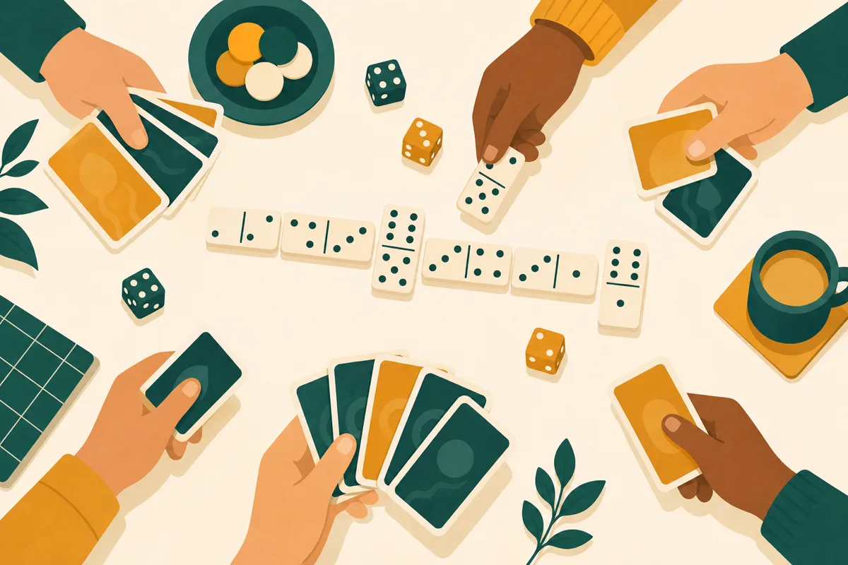 An overhead view of a family game night table with dice, dominoes and cards
