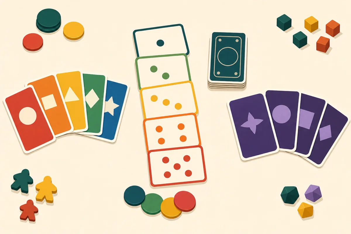 Flat illustration of three different card game groupings representing Uno, Skip-Bo and Phase 10 style play