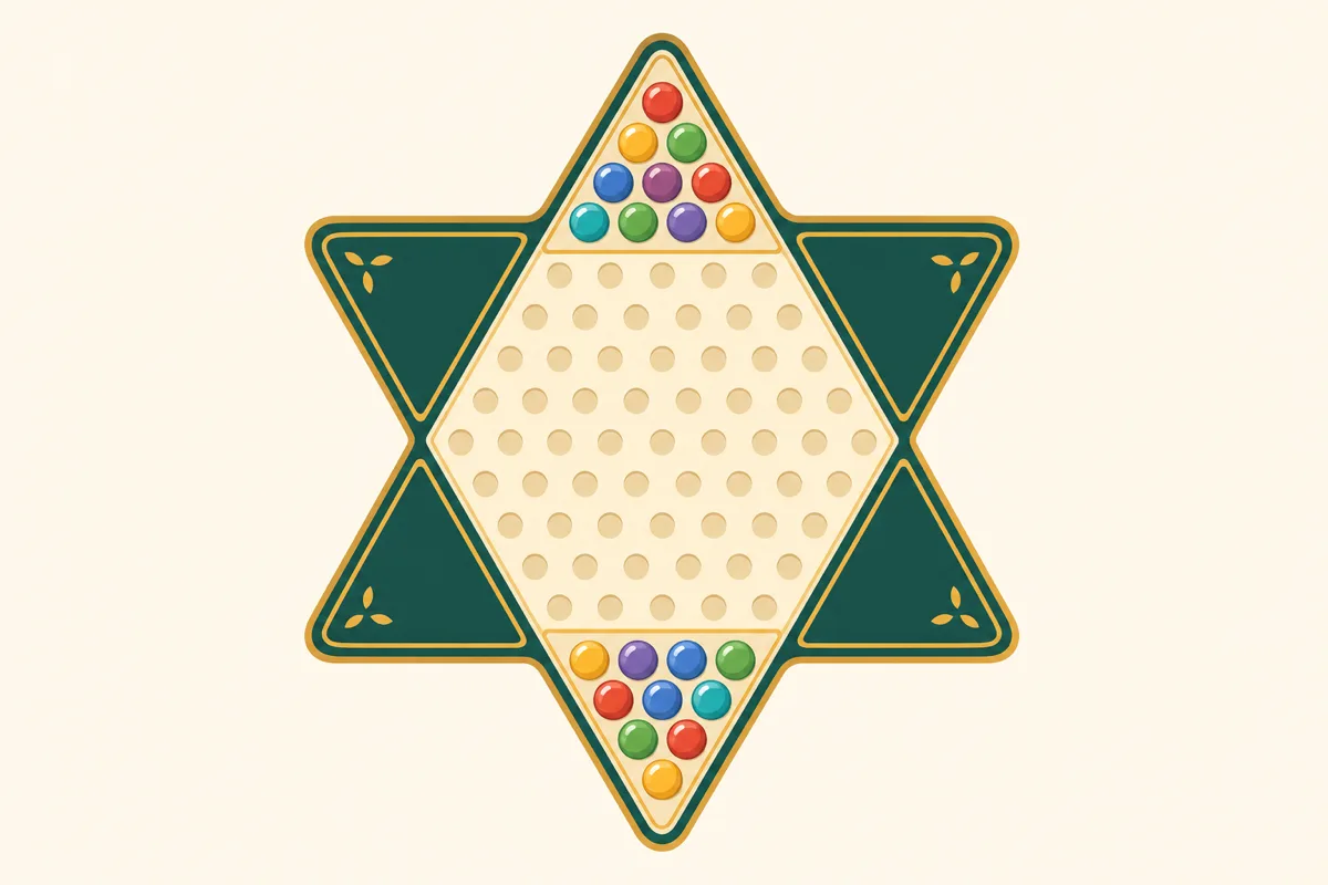 A Chinese Checkers star board with marbles in two opposite triangles