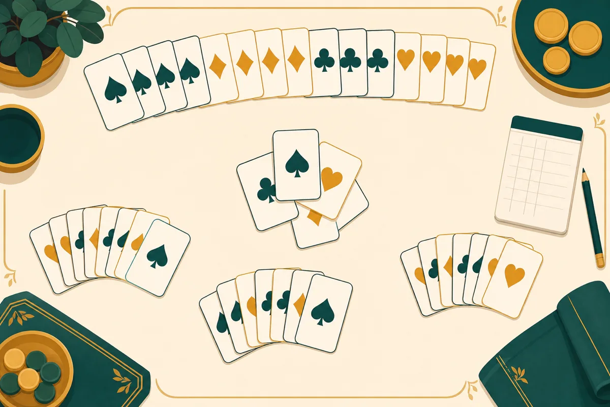 Overhead illustration of a card table with several classic card games in play