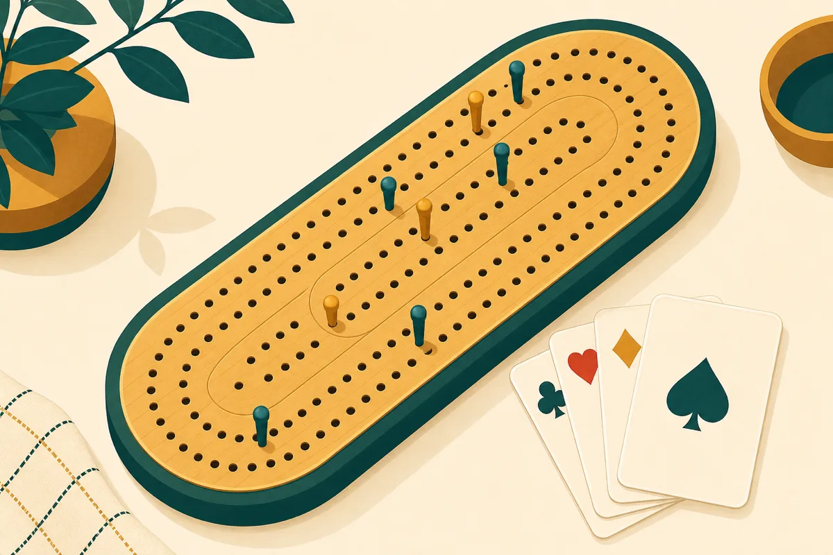 A cribbage board with pegs marking a running score