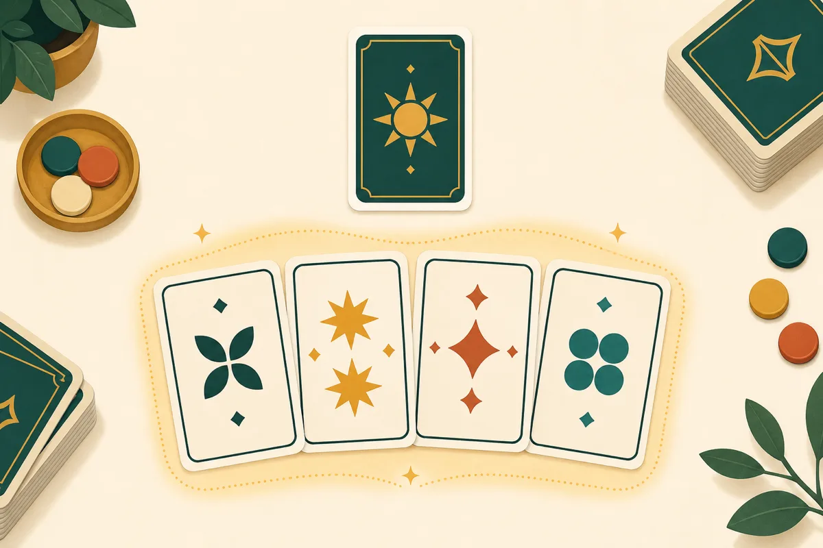A cribbage hand showing a group of cards that add up to fifteen