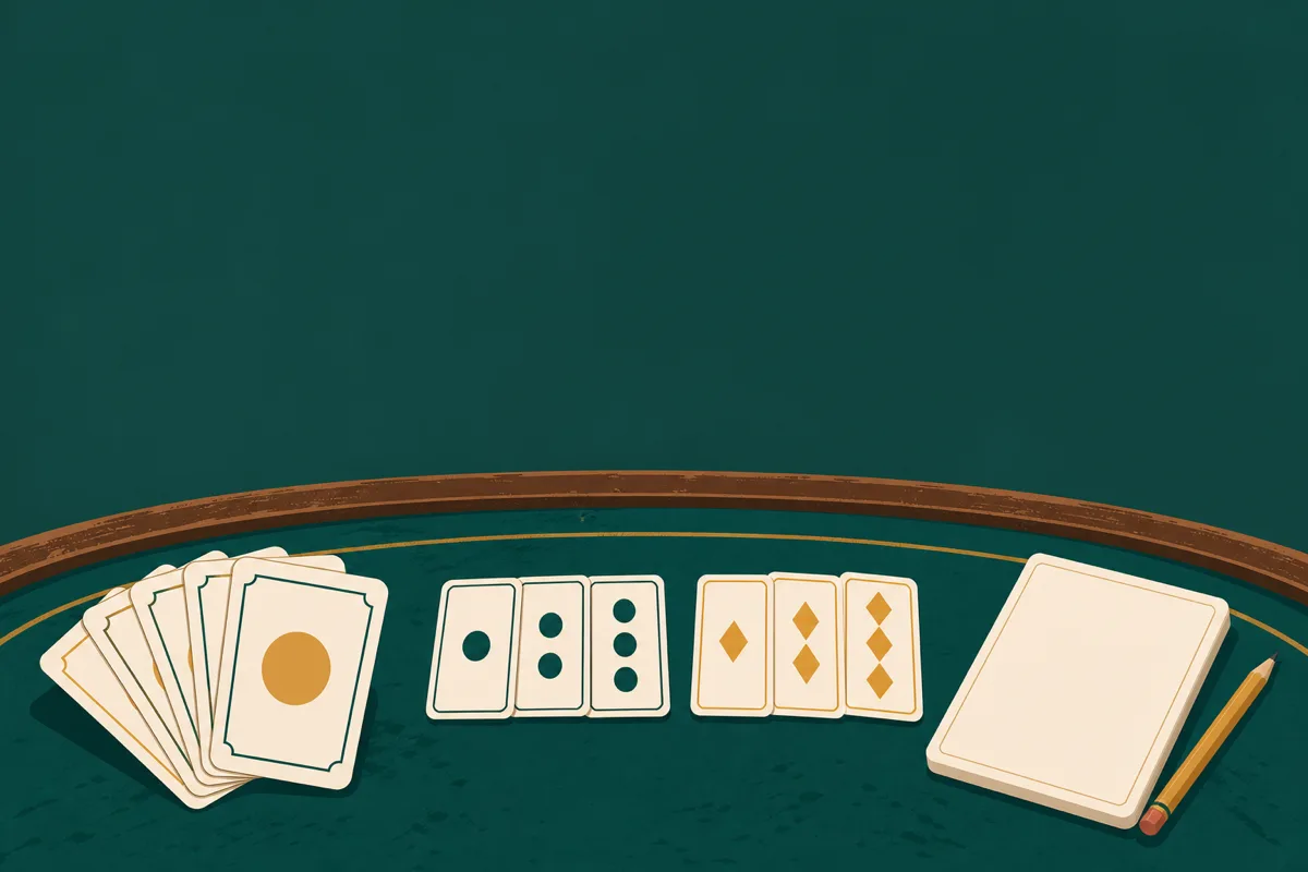 Classic card games — trick-taking, melds and a scoring pad on the table