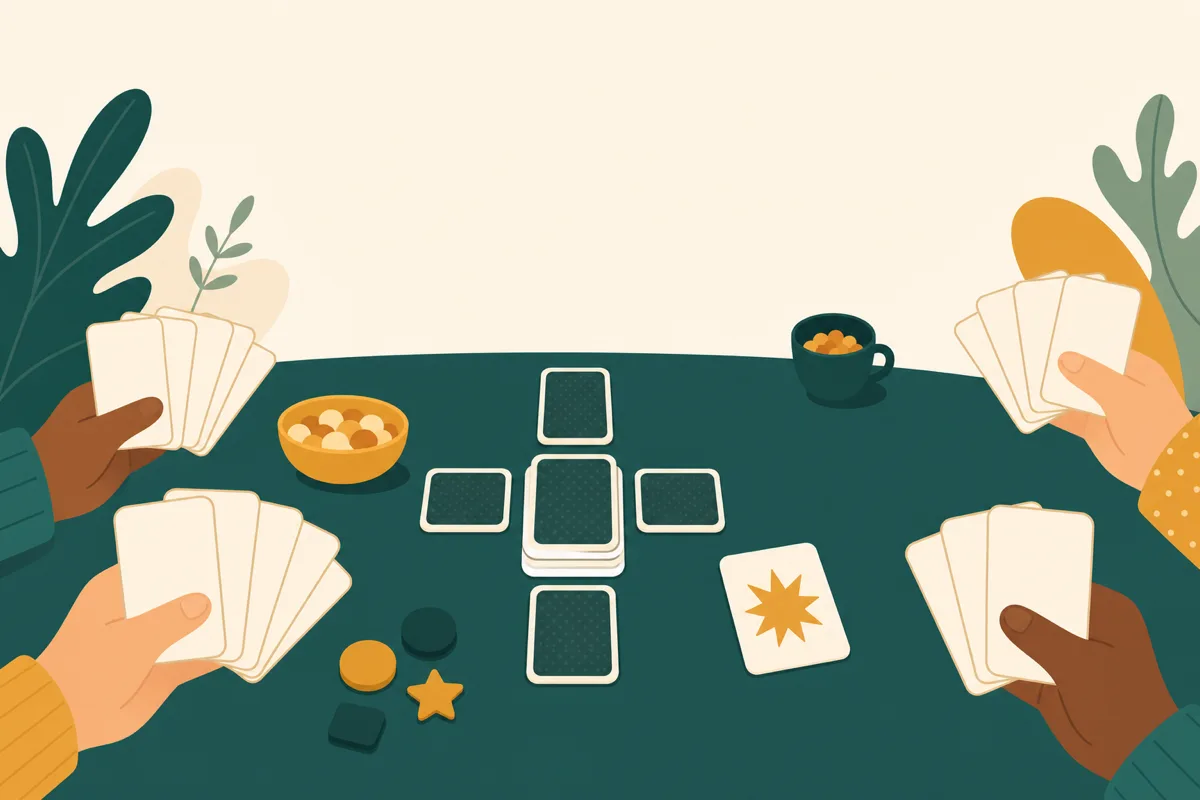 Party and family card games — several hands of cards fanned around a shared table