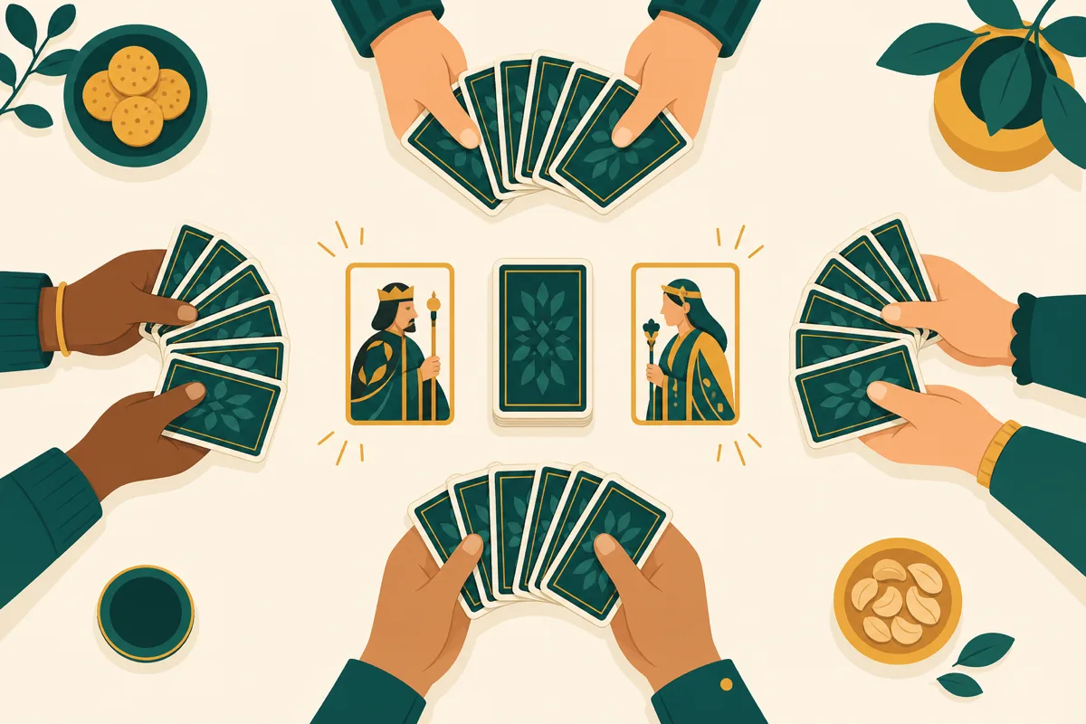 Four players' hands during a Euchre trick, with the bower cards standing out