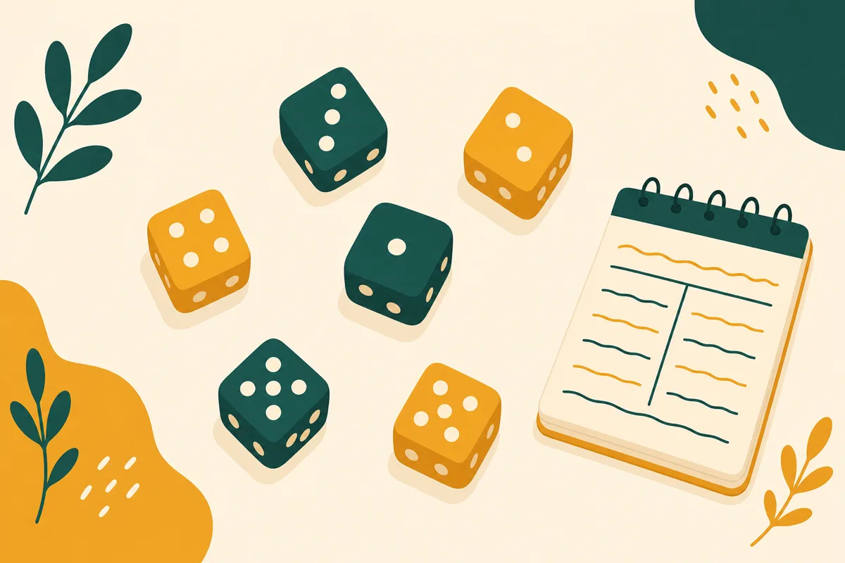 Six dice scattered on a table during a game of Farkle