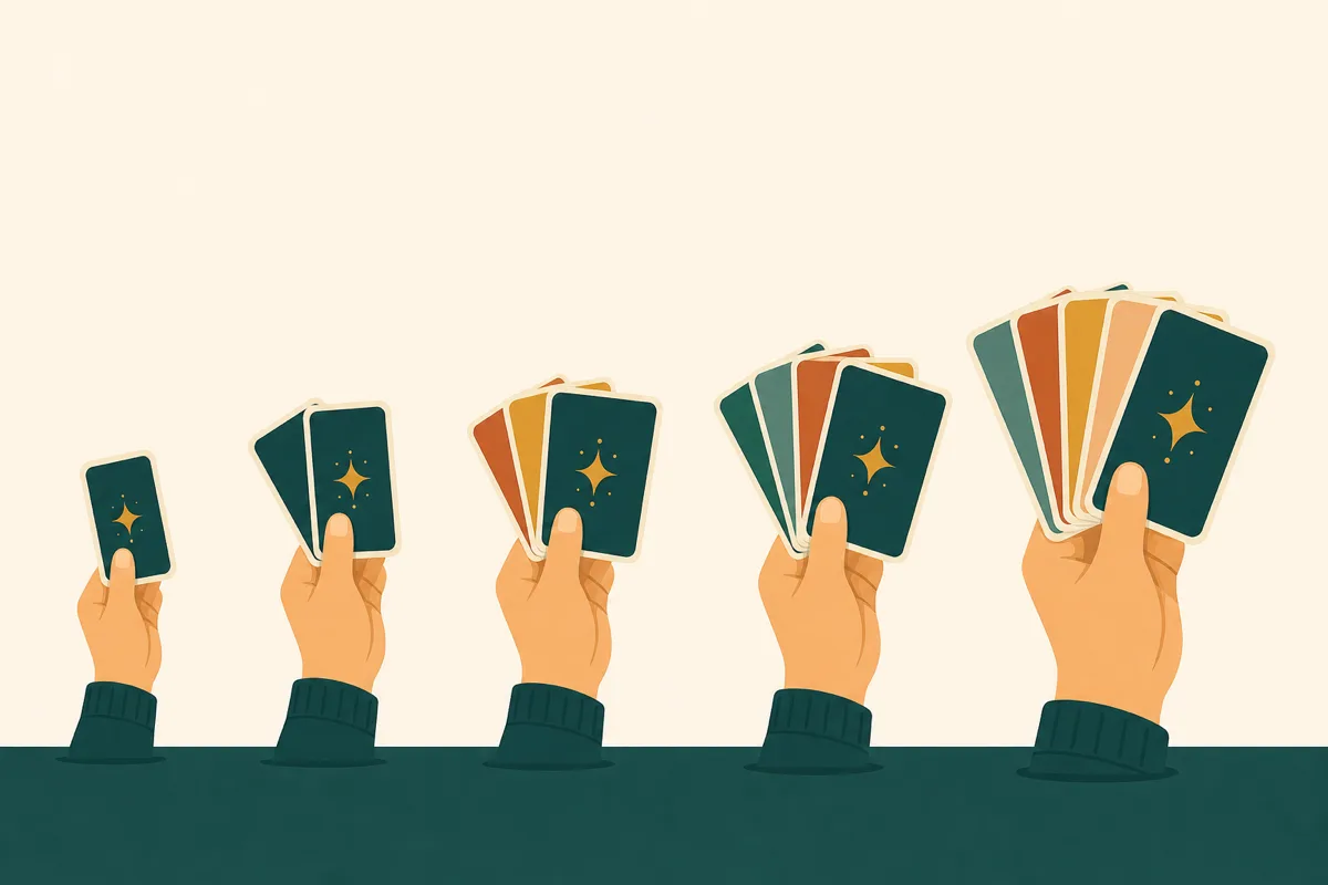 Illustration of hand size growing across Five Crowns rounds