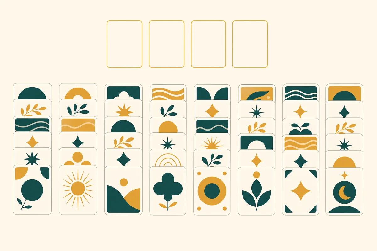 A FreeCell tableau with eight columns and four free cells above