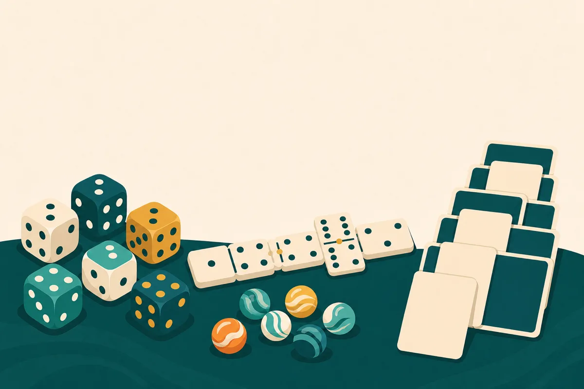 Dice and solo games — dice, dominoes, marbles and a solitaire tableau grouped on the table