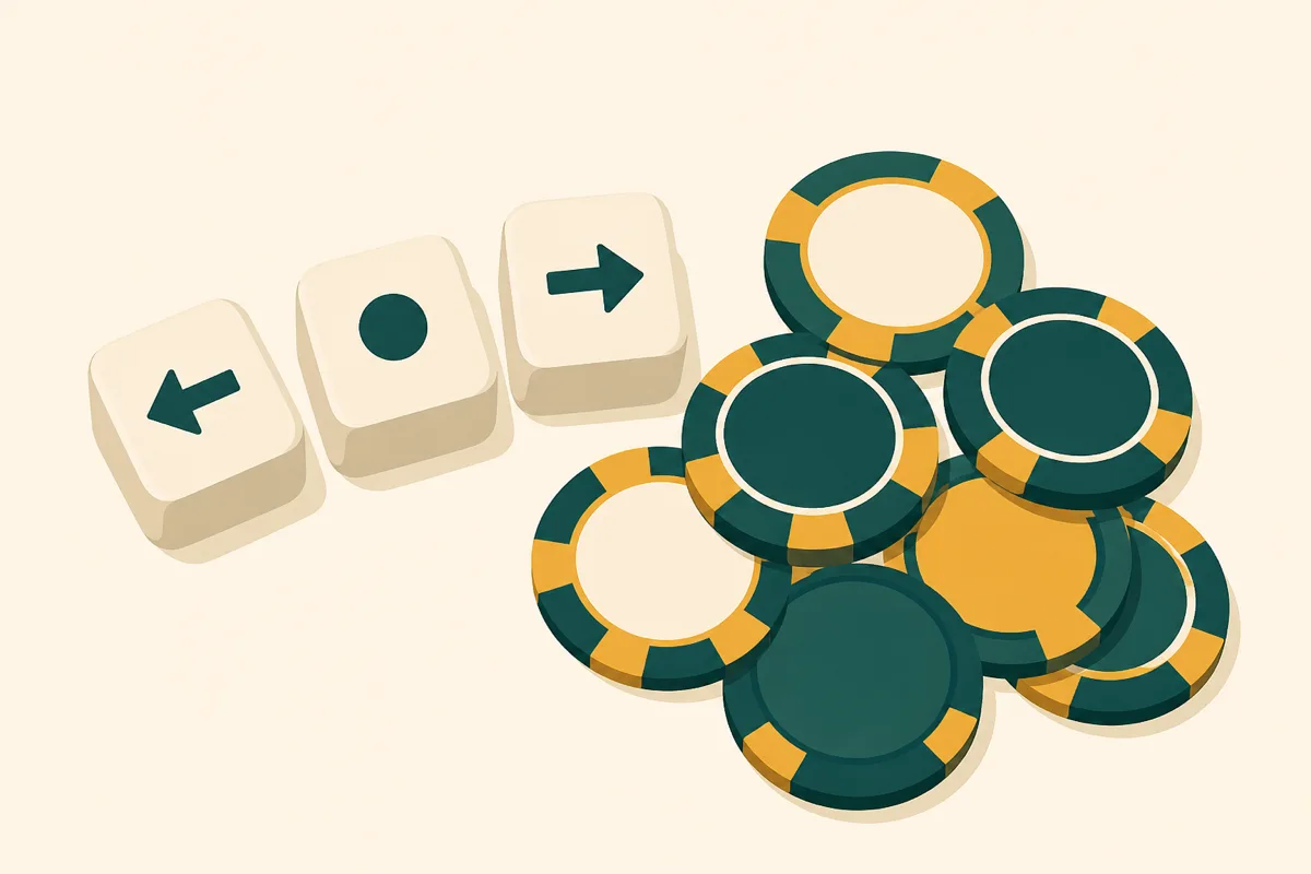 Three LCR dice next to a small pile of chip tokens