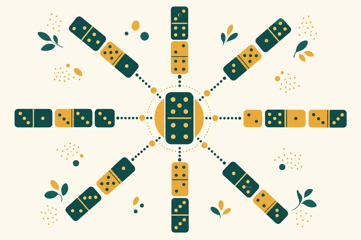 A Mexican Train domino layout with tiles branching from a central hub