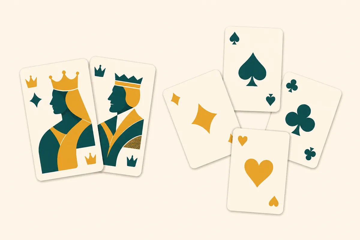 A Pinochle meld laid face up alongside a trick in progress