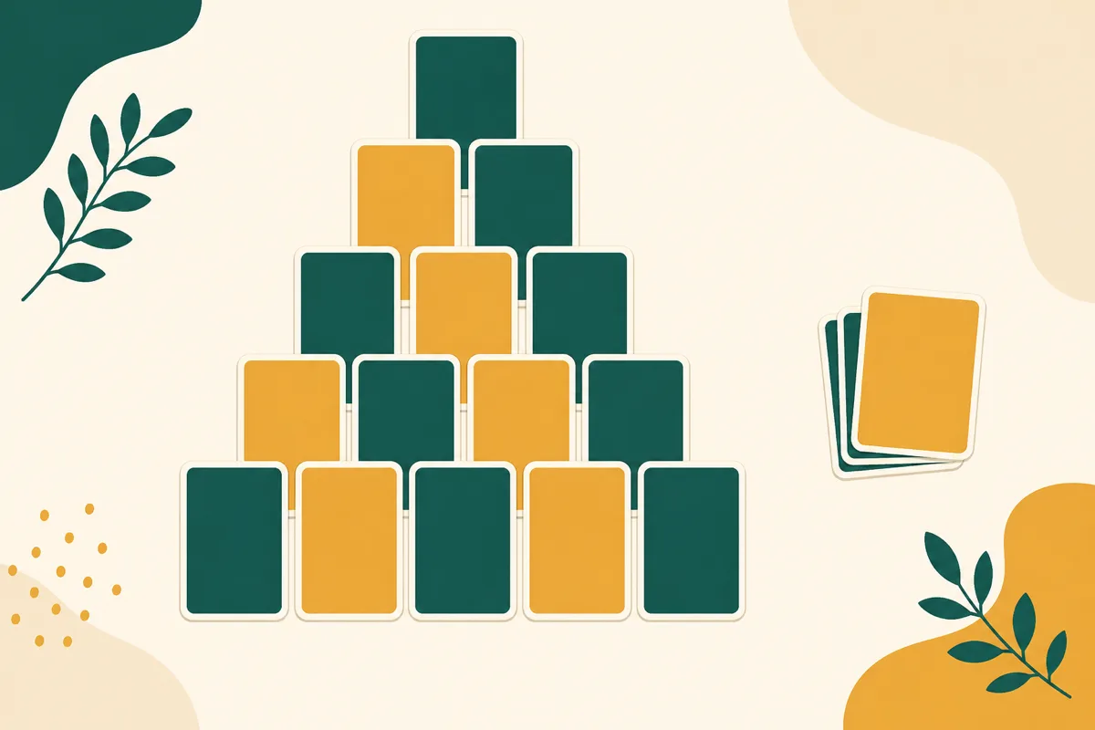 A pyramid solitaire tableau with cards arranged in overlapping rows