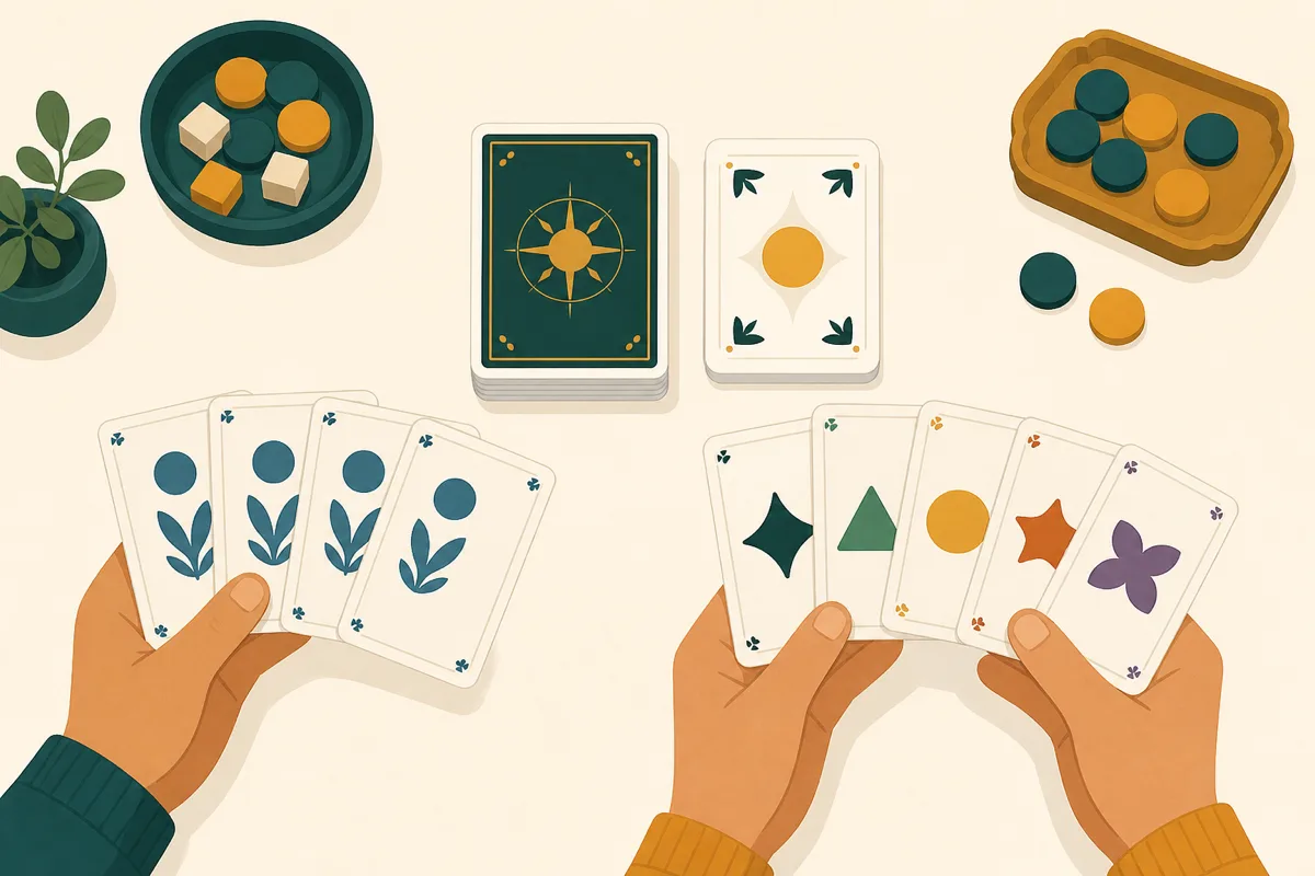 A Rummy stock pile and discard pile between two players' hands