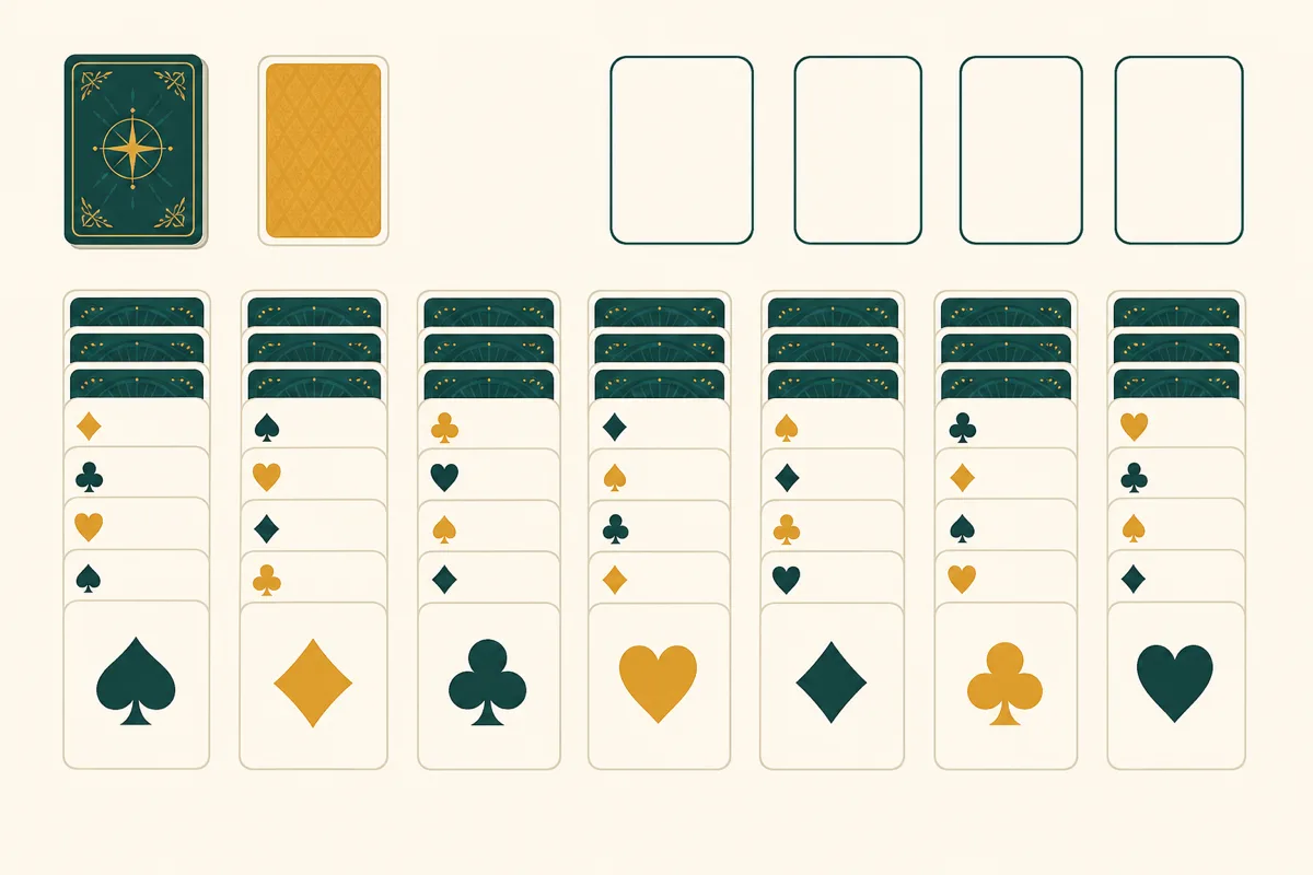 A Klondike solitaire tableau with seven columns and four foundation piles