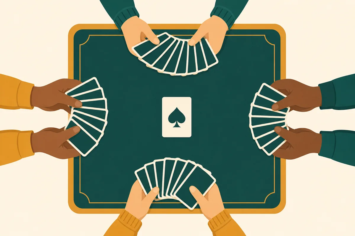 Four players' hands during a trick in a game of Spades
