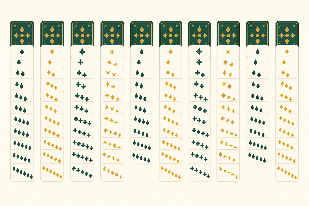 A Spider Solitaire tableau with ten columns of cards