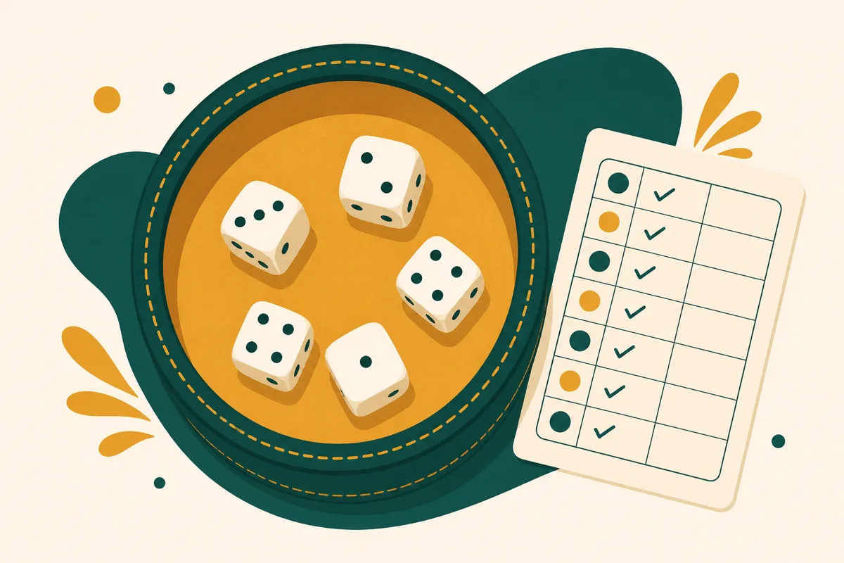 Five dice rolled from a cup during a game of Yahtzee